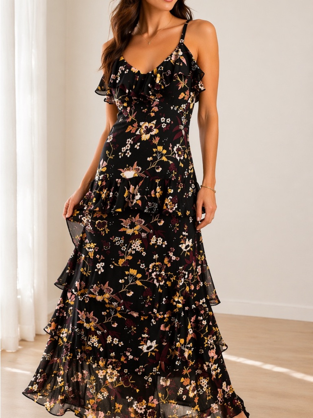 A.L.C Silk Tiered Ruffle Midi Dress Black Floral Resort Wedding Sz 4